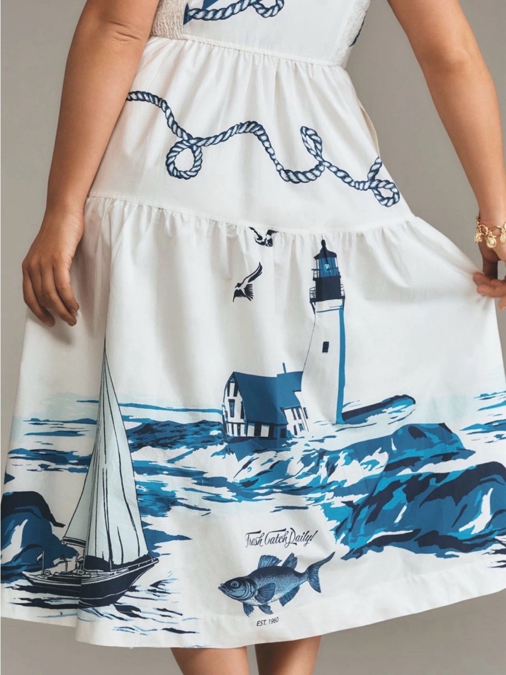 Anthropologie Maeve Sleeveless White Nautical Print Midi Dress — Blue Motif - Picture 7 of 10
